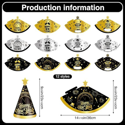 12-Piece New Year 2026 Party Hats – Black, Gold & Silver Cone Hats Set