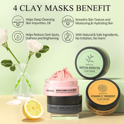 4PCS Face Mask Set – Turmeric, Vitamin C & Green Tea Clay Masks 240g