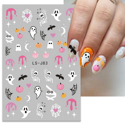 6-Piece Halloween Nail Art Stickers, 3D Ghost Pumpkin Bat Cat Skull Nail Decals