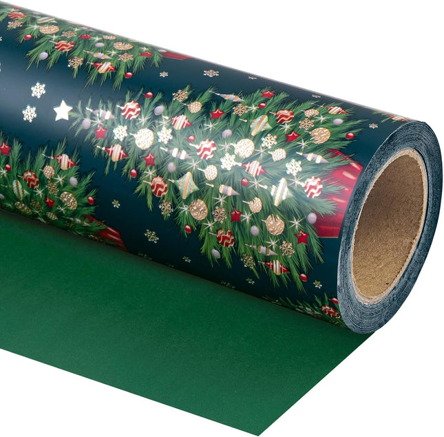 Holiday Wrapping Paper – 17"x33' Reversible Green Xmas Tree Gift Wrap Roll