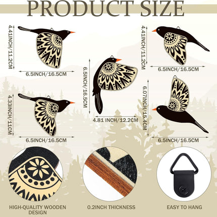 5 Pcs Wooden Bird Wall Art Black Flying Birds Rustic Home Decor Set