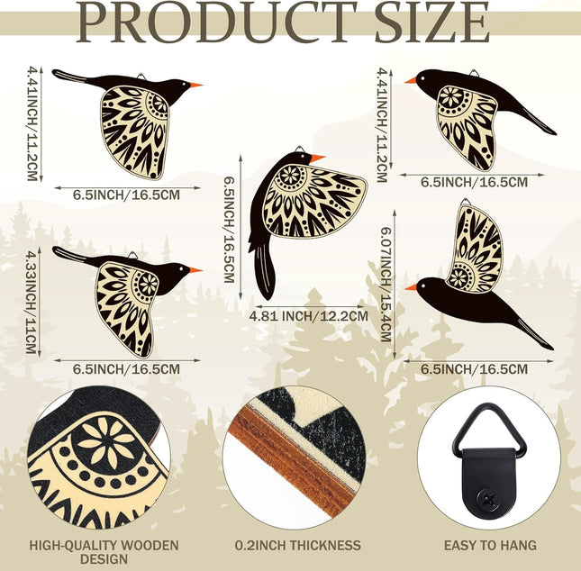 5 Pcs Wooden Bird Wall Art Black Flying Birds Rustic Home Decor Set