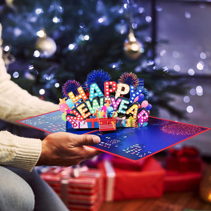 3D Pop-Up Happy New Year Card Fireworks Balloons Festive Greeting