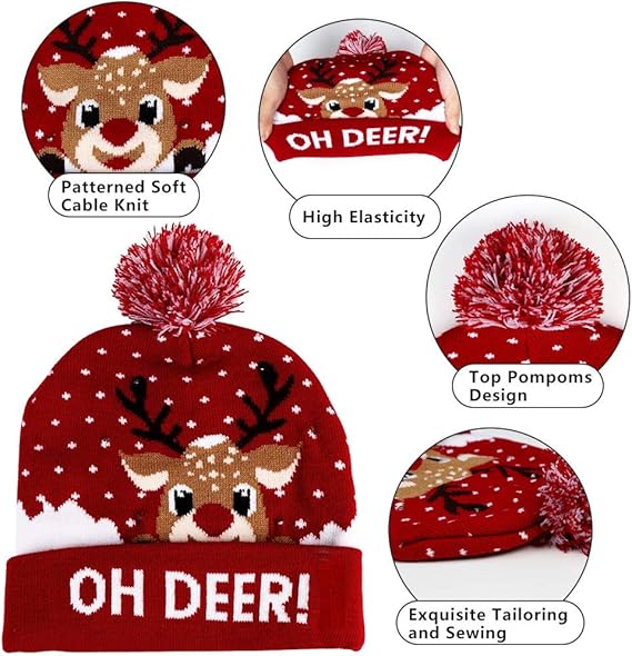 LED Christmas Hat, Light Up Knitted Beanie Holiday Hat for Men and Women
