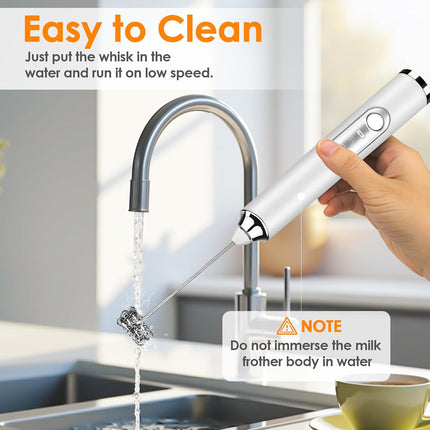 Rechargeable Milk Frother with 3 Speeds, 2 Stainless Steel Whisks, 1500mAh Battery White