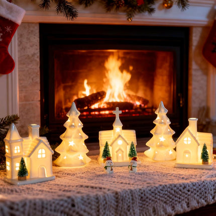 Christmas Decorations Indoor 11 Pcs Ceramic Christmas Village Set 3 Lighted Houses & 2 Lighted Pieces