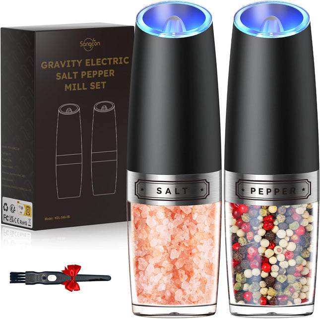 Gravity Electric Salt & Pepper Grinder Set – Automatic Mills with LED Light, Adjustable Coarseness
