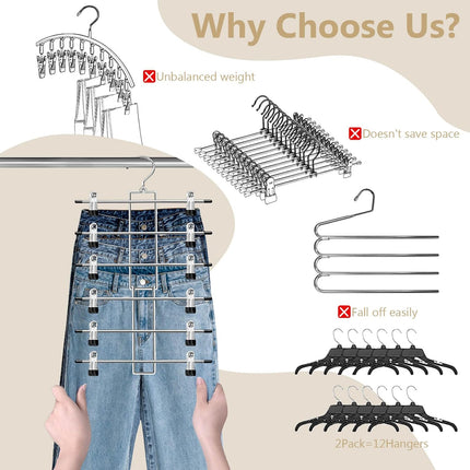 2 Pack 6 Tier Pants Hangers with Clips Space Saving Closet Organizer Swivel