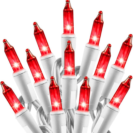 Red Mini Christmas Lights 100 Count – 26.5ft Plug-In, White Wire, Waterproof Bulbs