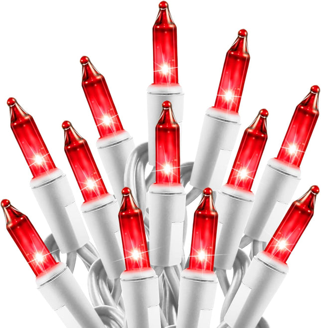 Red Mini Christmas Lights 100 Count – 26.5ft Plug-In, White Wire, Waterproof Bulbs