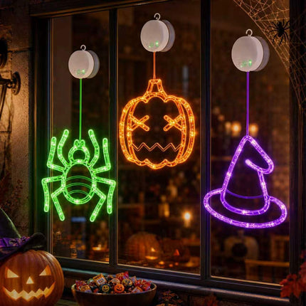 3-Pack Halloween Window Lights, Pumpkin Spider Witch Hat, 8 Modes & Timer