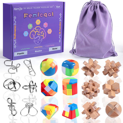 18PCS Brain Teaser Puzzle Set Wooden Metal & Plastic IQ Games for All Ages
