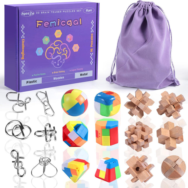 18PCS Brain Teaser Puzzle Set Wooden Metal & Plastic IQ Games for All Ages
