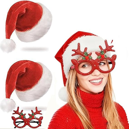 2PCS Santa Hats – Red Fluffy Christmas Hats with Plush Brim for Adults