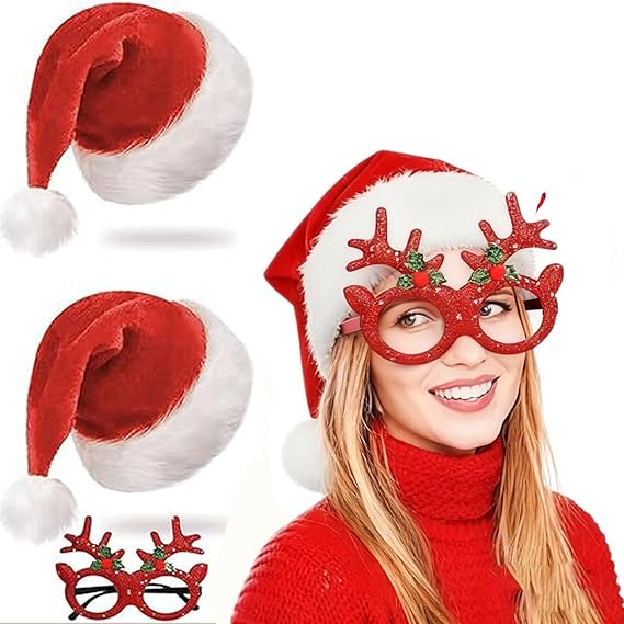 2PCS Santa Hats – Red Fluffy Christmas Hats with Plush Brim for Adults