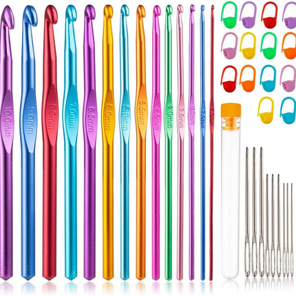 14-Size Crochet Hook Set 2.0–10.0mm – Colorful Ergonomic Metal Needles