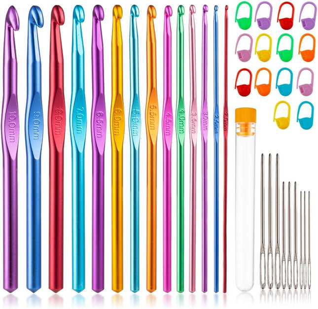 14-Size Crochet Hook Set 2.0–10.0mm – Colorful Ergonomic Metal Needles