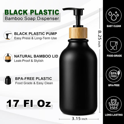 2-Pack Black Soap Dispensers 17oz, Bamboo Pump, Refillable Hand & Dish Soap Bottles