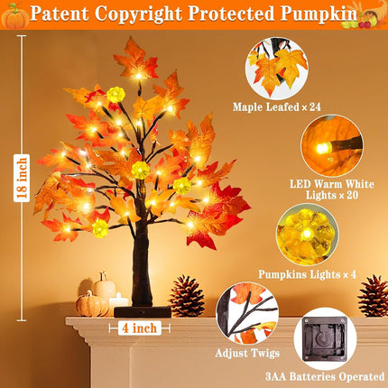 2-Pack 18in Pre-Lit Fall Maple Trees, 48 LEDs, Timer, Thanksgiving Table Decor