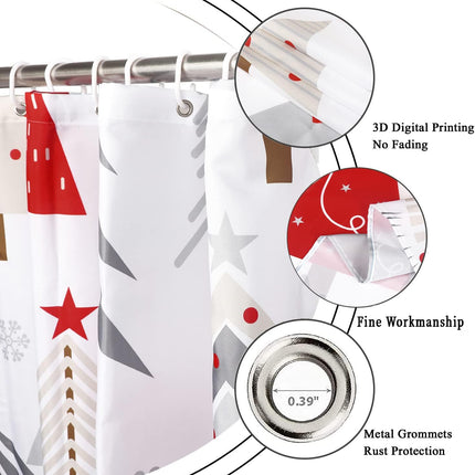 Christmas Tree Shower Curtain – Grey, Beige & Red with Stars, Snowflakes for Holiday Bathroom
