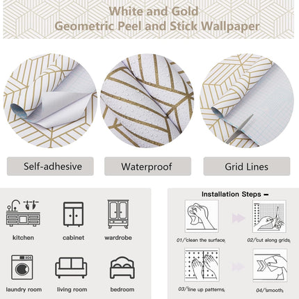 Peel and Stick Wallpaper Boho Style White Gold Geometric 15.7x78.7 Inch Wall Cover