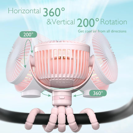 8000mAh Portable Stroller Fan USB Rechargeable 4 Speed Cooling Fan with LED Light, Black, Blue, Forest Green, Pink & Purple
