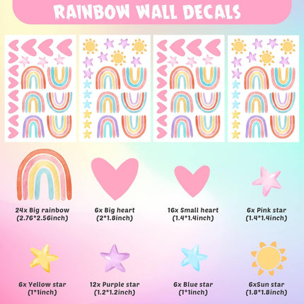 Rainbow Wall Stickers – Watercolor Hearts, Stars & Sun, Classic Colors