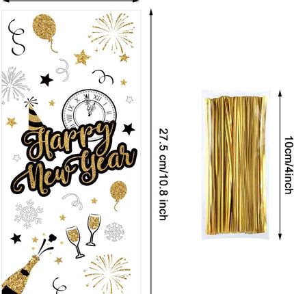 100 PCS Happy New Year Cellophane Treat Bags Black & Gold Party Favors