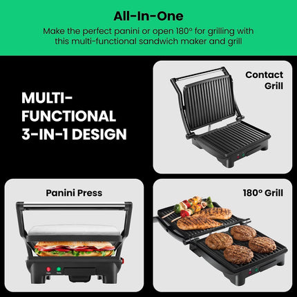 4 Slice Panini Press Grill Opens Sandwich Maker 180 Degrees with Drip Tray Black
