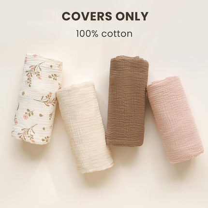 2-Pack Muslin Baby Lounger Covers, 100% Cotton, Soft Breathable Slipcovers, Brown/Wheat