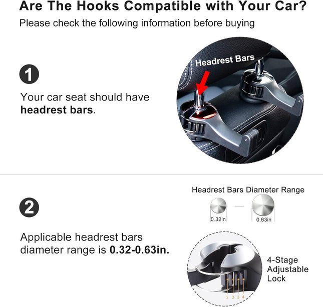 Car Headrest Hook with Phone Holder, Universal 360° Rotating Bag Hanger, Silver