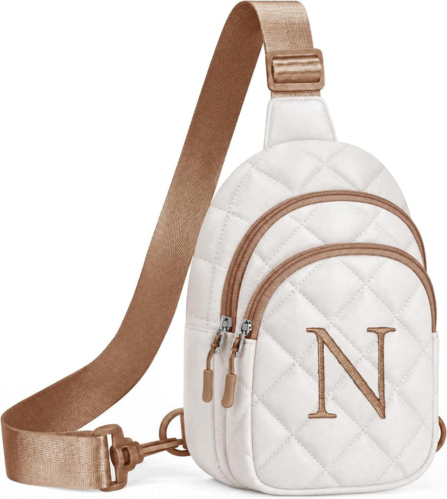 Personalized Initial Sling Bag for Women and Girls, Beige Quilted Crossbody Purse