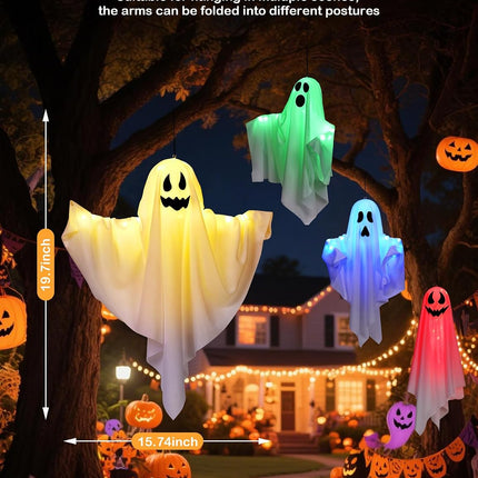 4-Pack Light-Up Hanging Ghosts, Halloween Haunted House Decor for Indoor & Outdoor