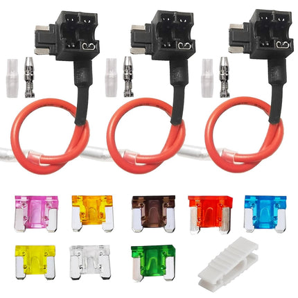 3PCS Low Profile Mini Blade Fuse Tap – 12-32V with Wire Harness, 8 Fuses & Puller