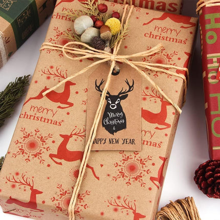 12 Sheets Christmas Wrapping Paper – 6 Vintage Kraft Designs with Tags & String