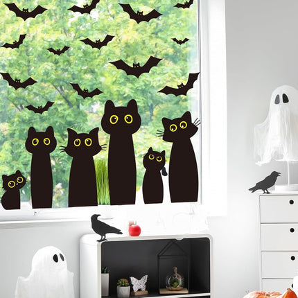6-Sheet Halloween Black Cat Window Clings, Reusable Cat & Bat Silhouette Decals