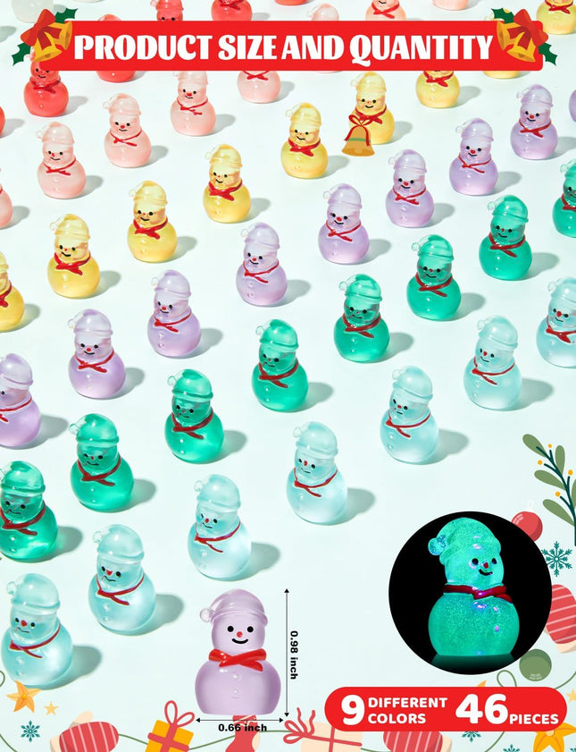 46 PCS Glow-in-the-Dark Mini Snowman Figurines – 9 Colors Xmas Decor