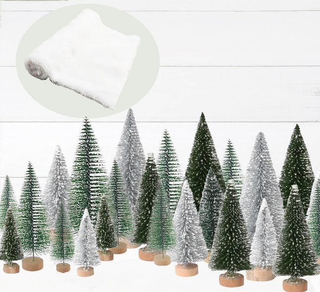 24PCS Mini Christmas Trees & Snow Blanket Set for Village & Table Decor