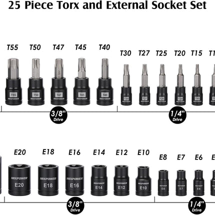 25 Piece Professional Torx Bit Set with Star Sockets Repair Tool Kit
