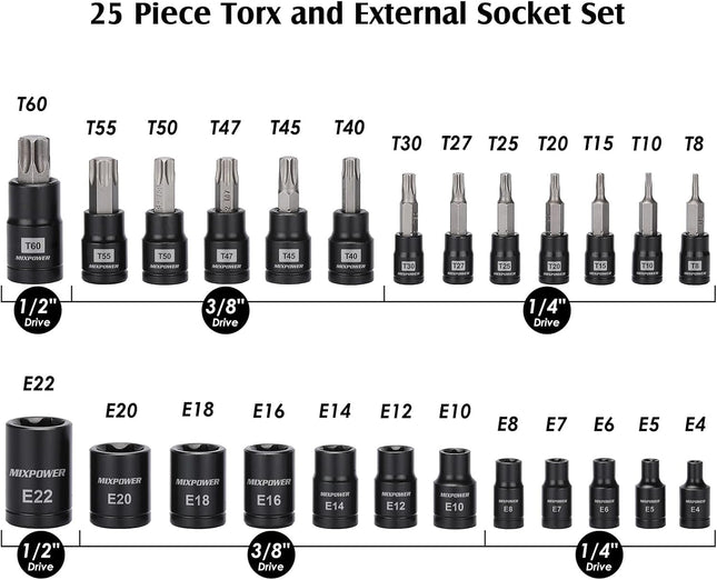 25 Piece Professional Torx Bit Set with Star Sockets Repair Tool Kit