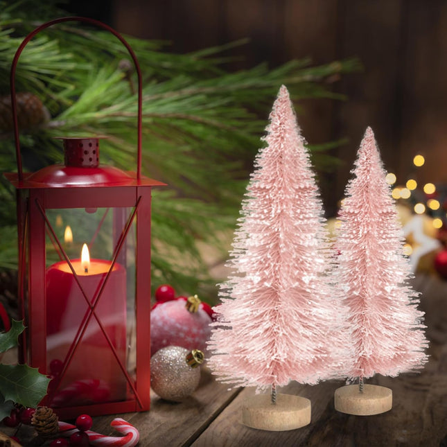 8PCS Mini Christmas Trees – White Bottle Brush Tabletop Trees with Wood Base & Wreaths