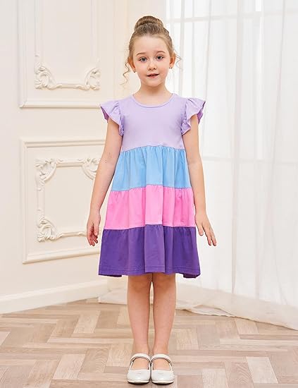 Girls Cotton Ruffle Sleeve Midi Dress A Line Tiered Casual Sundress Size 6-7 Years