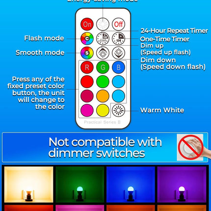 RGB LED Light Bulbs 4 Pack, A15 E26 40W Equivalent, 450LM, 12 Colors, Remote