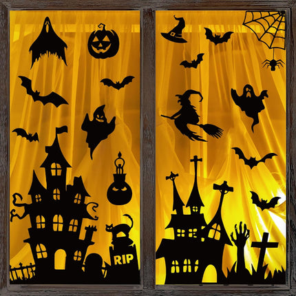 6-Sheet Halloween Window Clings, Black Castle Graveyard Bat Reusable Glass Decals