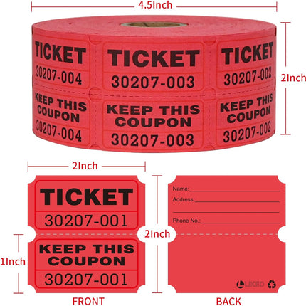 Red Raffle Tickets 1000 Pairs Double Roll 50/50 Numbered Tickets for Events and Prizes