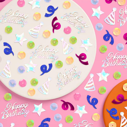 Happy Birthday Confetti Rainbow – Iridescent Foil & Pastel Table Scatter