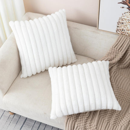 2-Pack Cream White Striped Faux Fur Pillow Covers 18x18, Plush Velvet Back