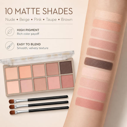 10-Color Neutral Nude Eyeshadow Palette, Beige Pink Brown Matte Smoky Eye Makeup