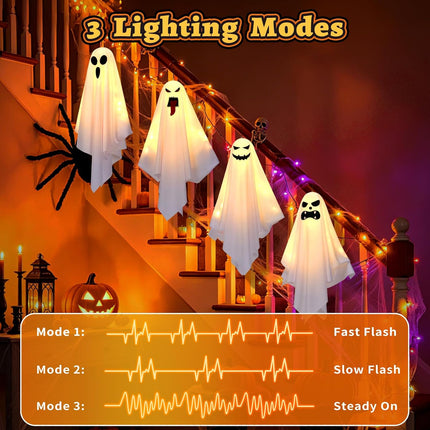 4-Pack Light-Up Hanging Ghosts, 3 Modes, DIY Arms, Indoor Outdoor Halloween Decor