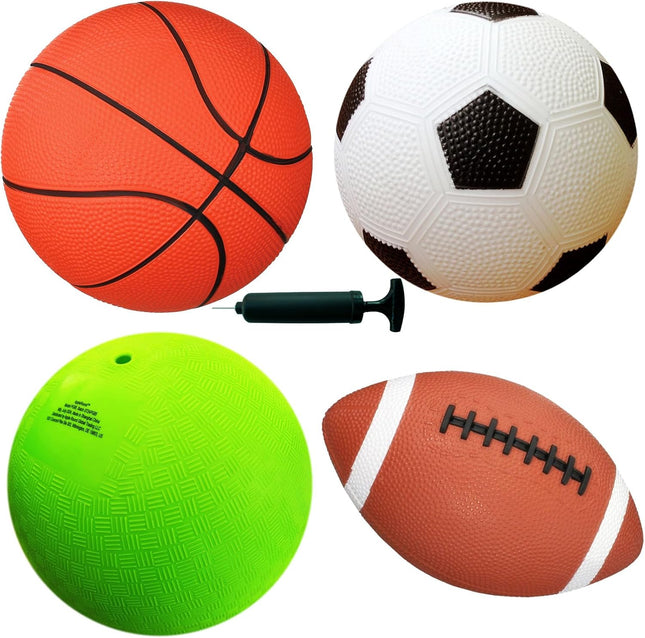 4-Pack Kids Sports Balls with Pump – Soccer, Basketball, Football & Playground